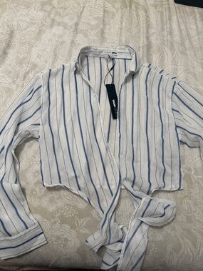 Fashion Nova White Striped Tie-Front Button Shirt